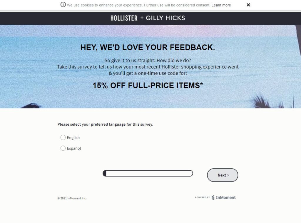 Hollister Customer experience Survey via tellhco.com