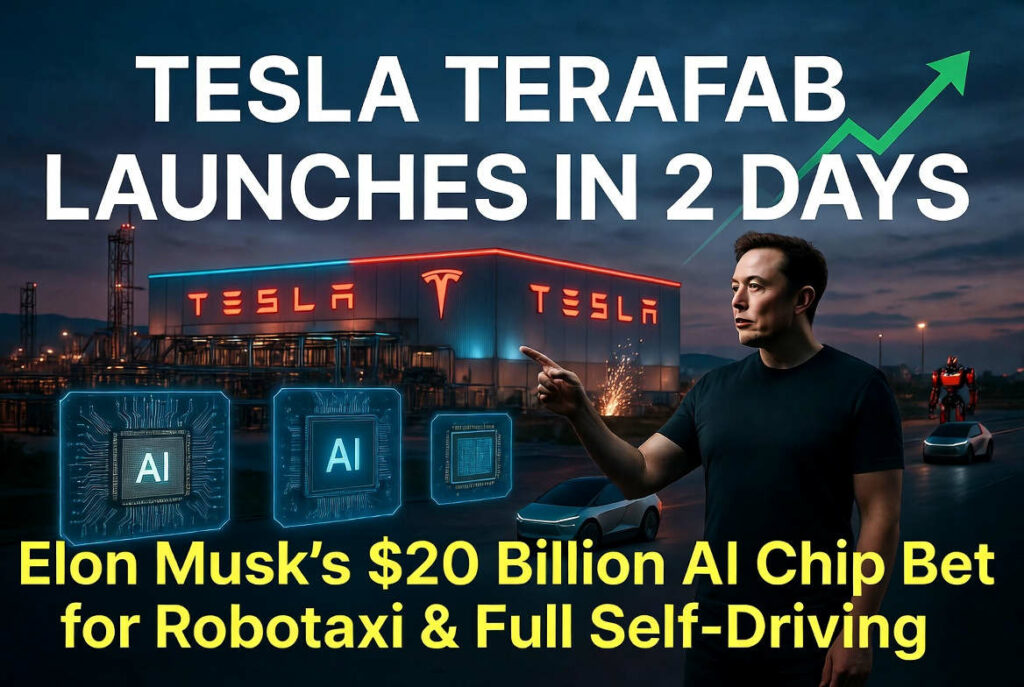 Tesla Terafab AI chip factory launch March 2026 with Elon Musk and glowing AI chips for Robotaxi and